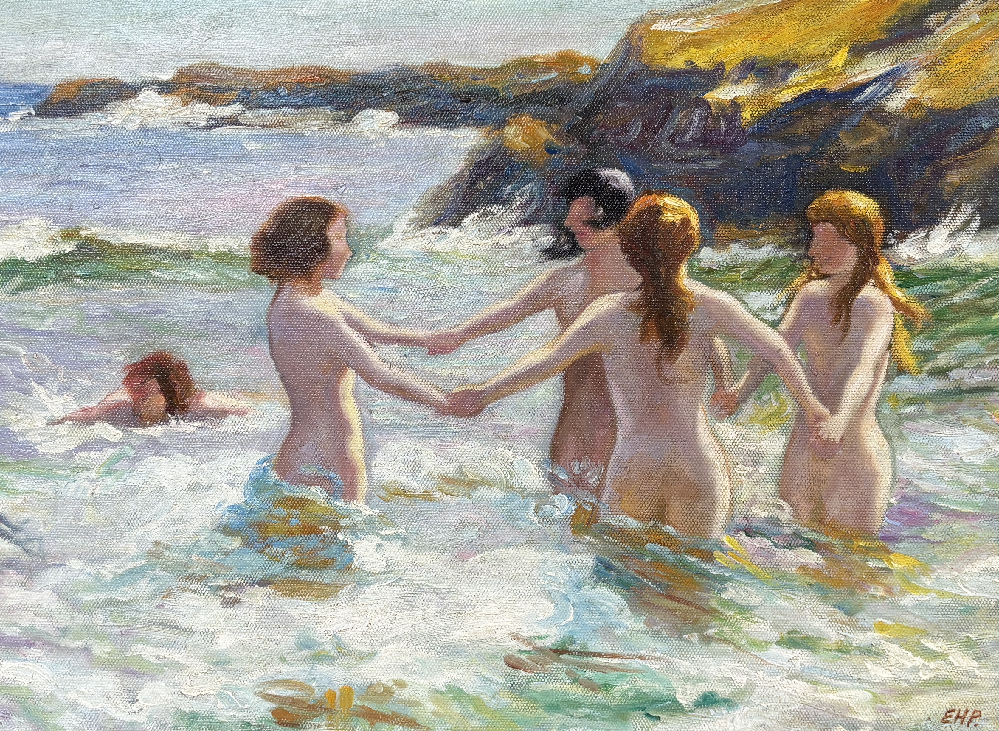 After Edward Henry Potthast (1857-1927), oil on canvas board, Nude bathers, 27 x 37cm